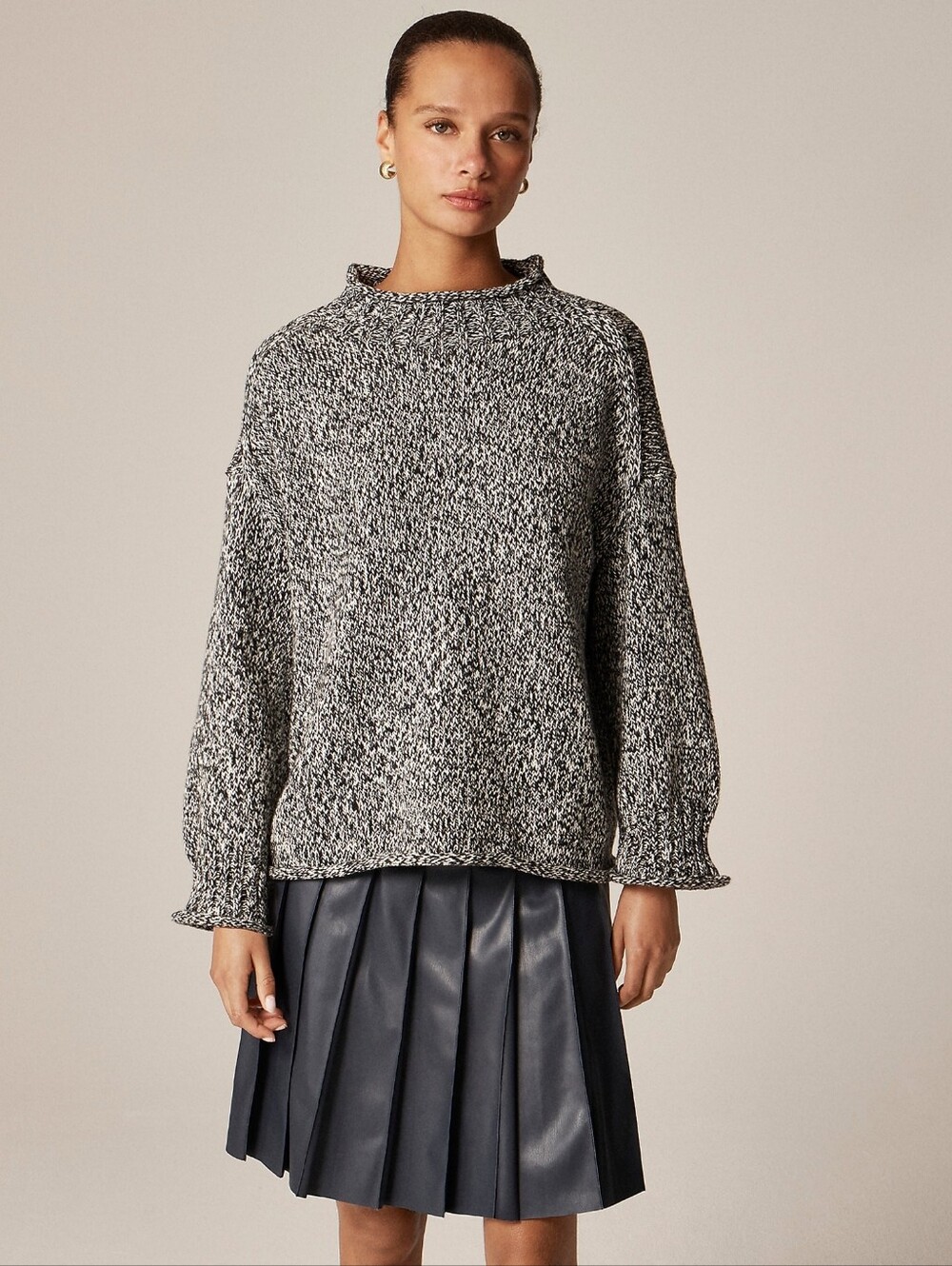 J. Crew 2025 Rollneck Sweater Marled Black Gray White 100% Cotton Size Medium